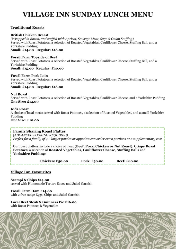 village inn sunday lunch menu